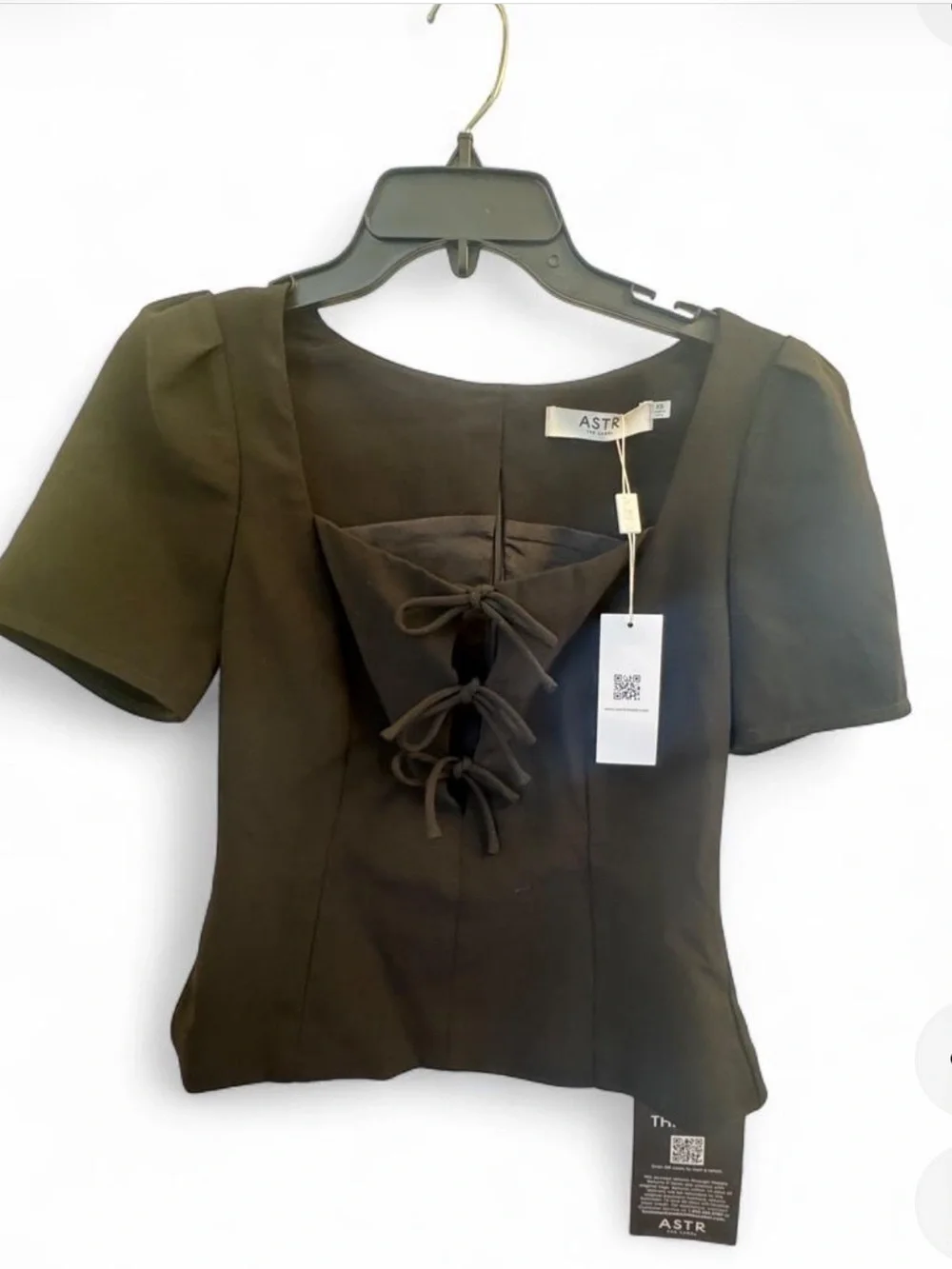 ASTR The Label Black Tie Front Puff Sleeve Top XS NWT